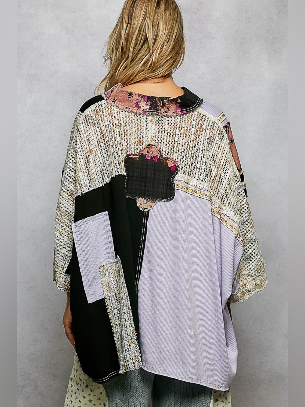 POL “ Topanga Hideaway “ Poncho Patchwork Cotton Oversized Top | Lilac / Black - Picture 8 of 9